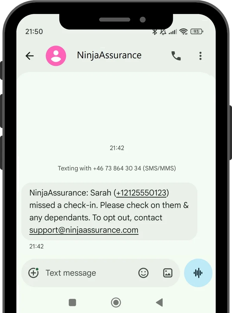 Real example of an SMS alert sent to a trusted contact
