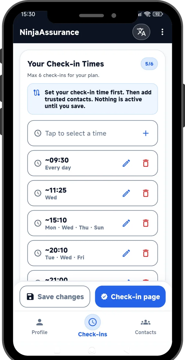 Real NinjaAssurance scheduled check-ins screen