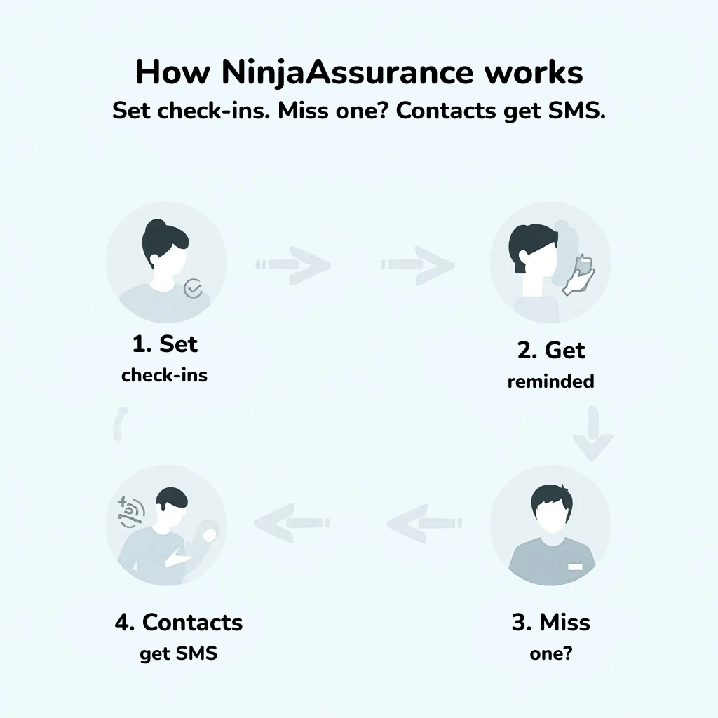 Illustration showing the NinjaAssurance flow: set check-ins, get reminders, and alert trusted contacts by SMS