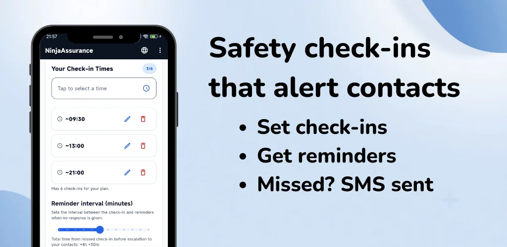 NinjaAssurance app screen showing safety check-in times and SMS alerts