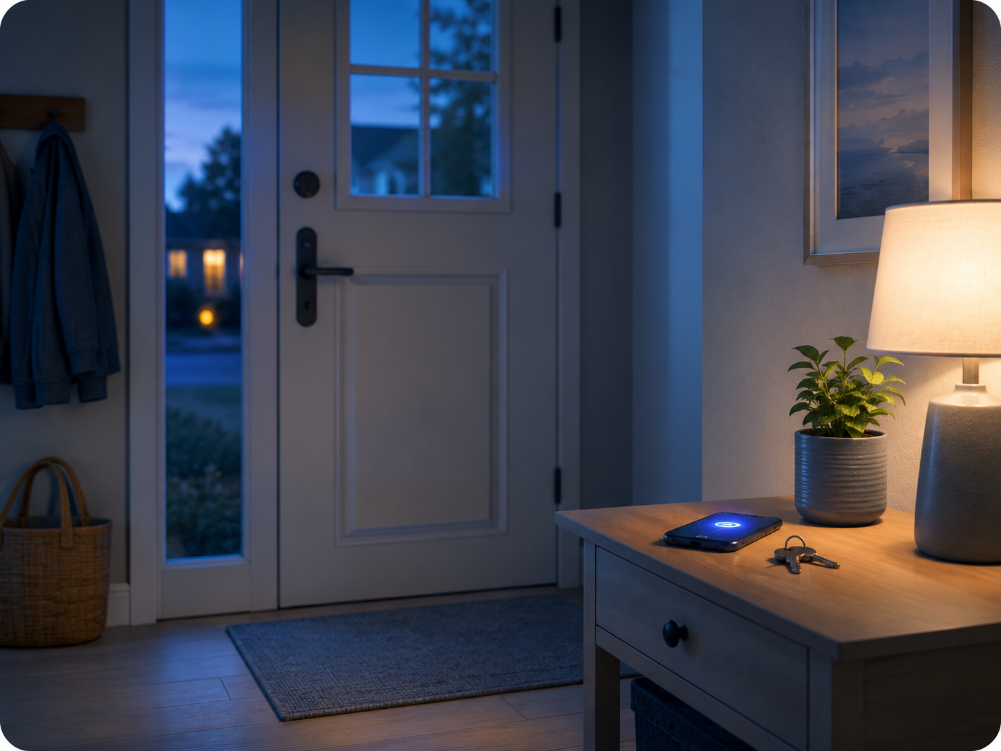 Calm home entry scene with a phone reminder for a safety check-in