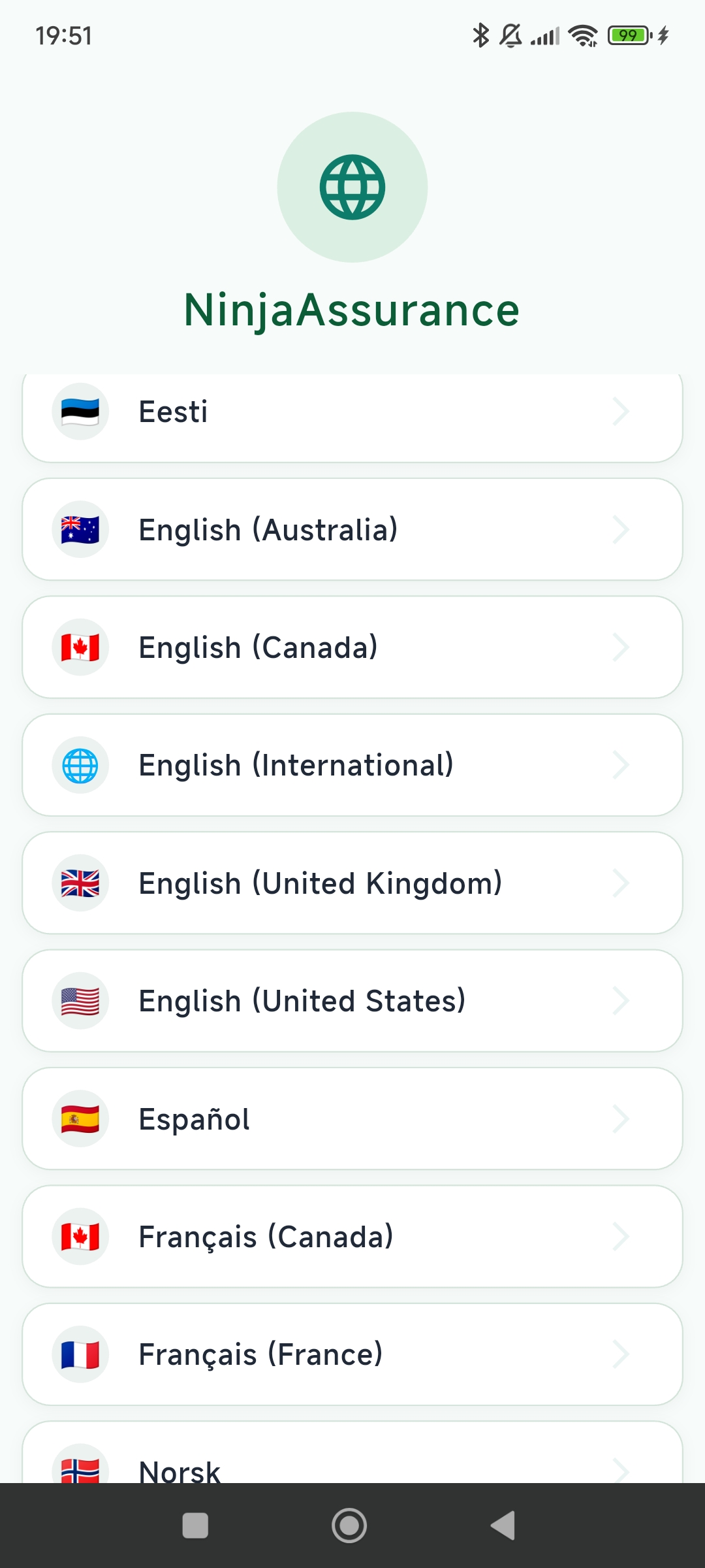 Language selection screen